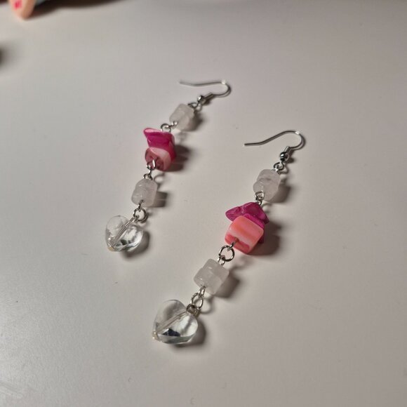 Rose Quartz and Pink Shell Dangle Earrings - Picture 4 of 5